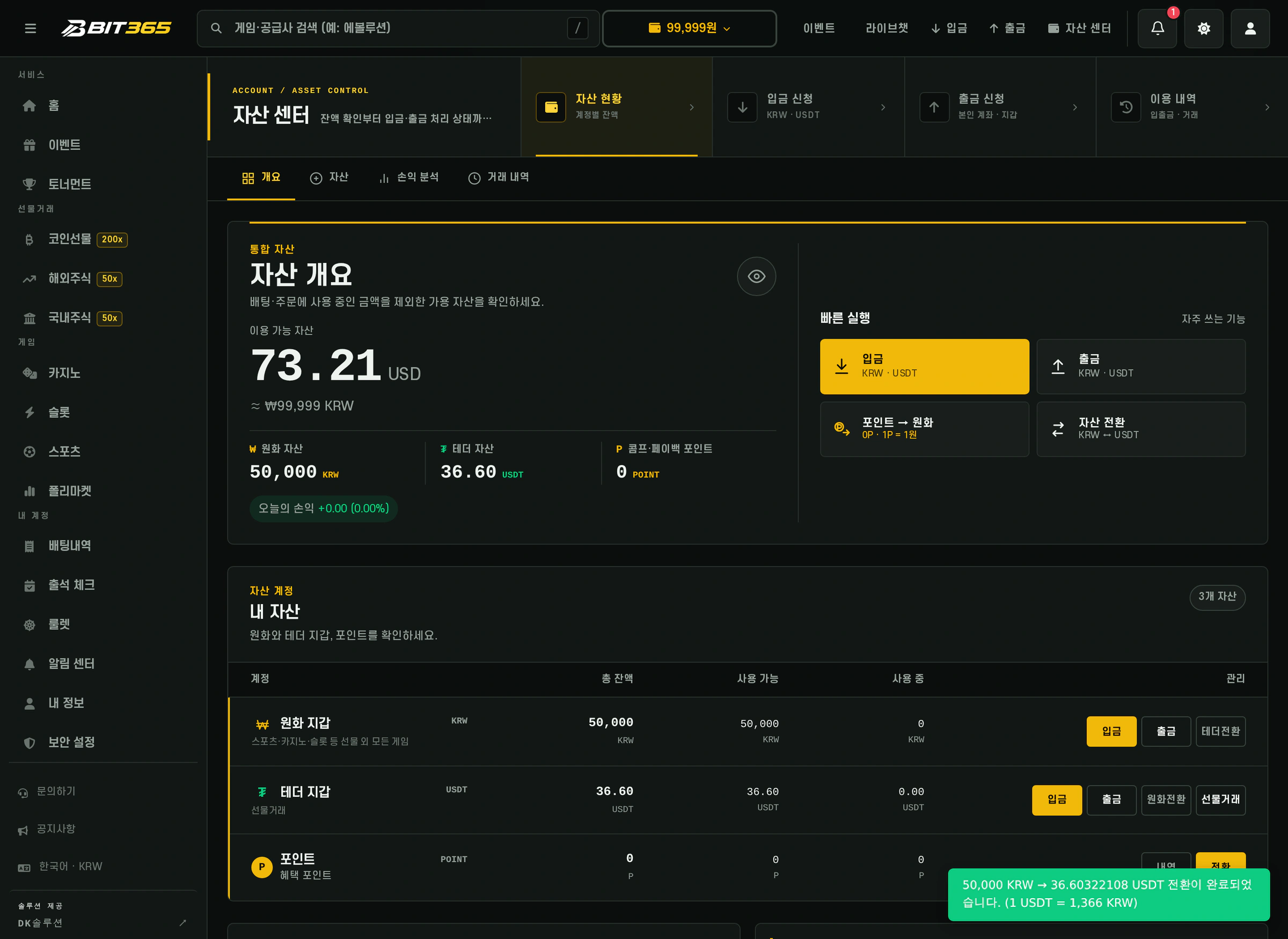 PC에서 원화 50,000원을 테더로 실제 전환한 완료 알림과 변경된 지갑 잔액