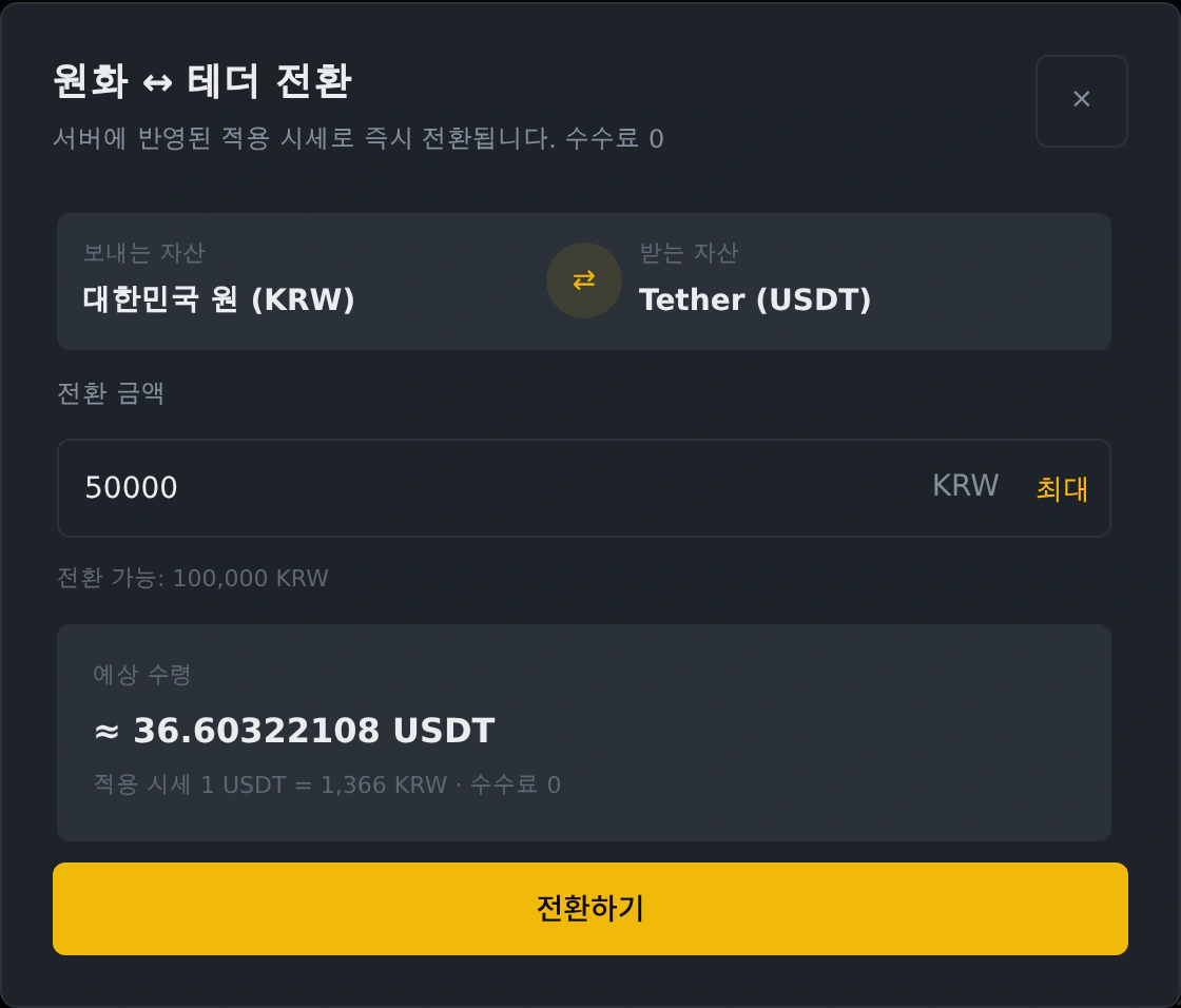 PC 원화 50,000원을 테더 36.60322108 USDT로 전환하기 전 확인 화면